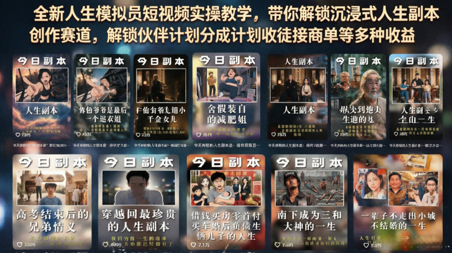 全新人生模拟员短视频实操教学，带你解锁沉浸式人生副本创作赛道，解锁伙伴计划分成计划收徒接商单等多种收益-知赚网