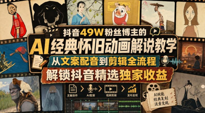抖音49W粉丝博主的AI经典怀旧动画解说教学,从文案配音到剪辑全流程,解锁抖音精选独家收益-知赚网