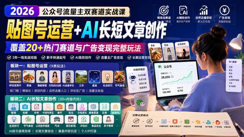 公众号流量主双赛道实战  贴图号运营+AI长短文章创作，覆盖20+热门赛道与广告变现完整玩法-知赚网