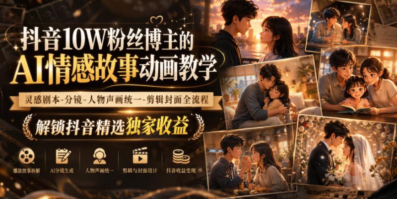 抖音10W粉丝博主的AI情感故事动画教学，灵感剧本‑分镜‑人物声画统一‑剪辑封面全流程，解锁抖音精选独家收益-知赚网