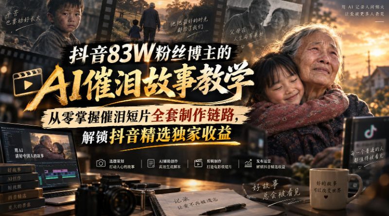 抖音83W粉丝博主的AI催泪故事教学,从零掌握催泪短片全套制作链路,解锁抖音精选独家收益-知赚网