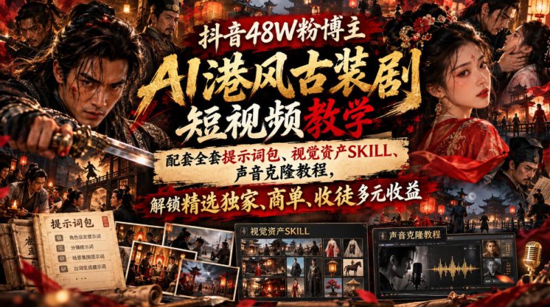 抖音48W粉博主AI港风古装剧短视频教学，另拆解古代骗局教程，全套提示词包+视觉资产SKILL+声音克隆教程，解锁精选独家、商单、收徒多元收益-知赚网