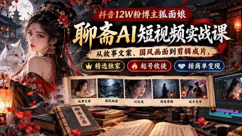抖音12W粉博主狐面娘-聊斋AI短视频实战课,从故事文案到国风画面再到剪辑成片,打通精选独家、起号收徒、接商单变现-知赚网